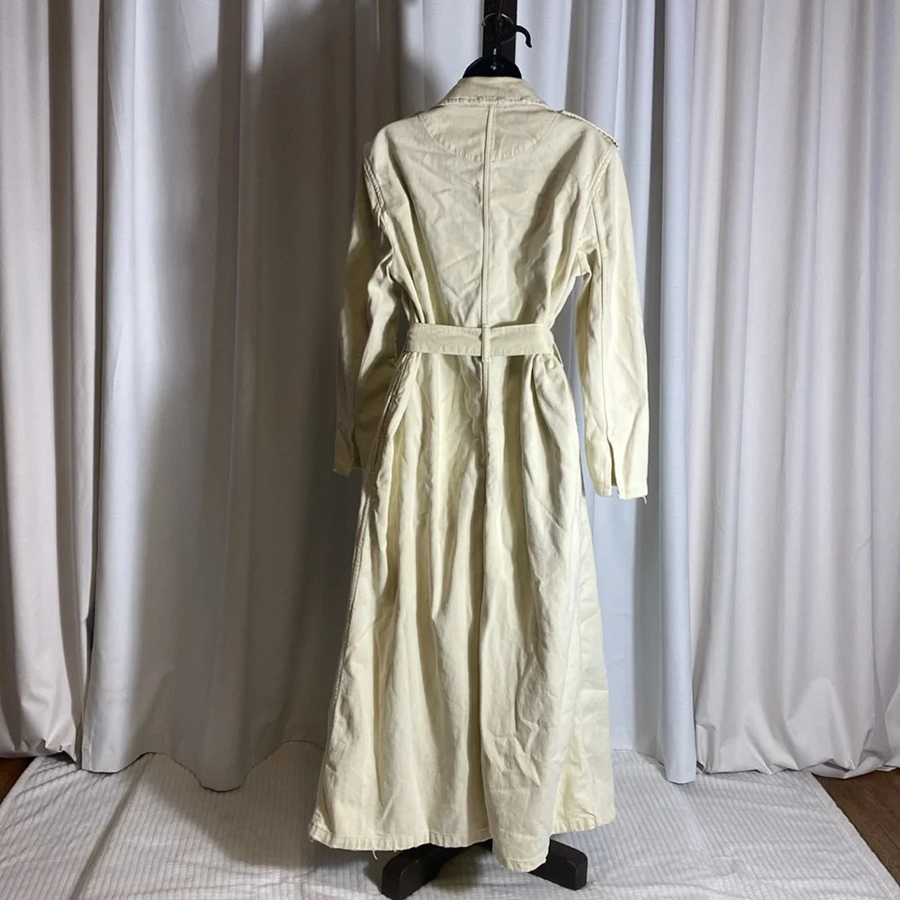 Zara Oversized Cream/Ecru Distressed Tie Waist Belted Cotton Trench Coat, NWT XS - Picture 6 of 6